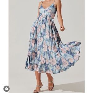 Astr Blue and Pink Pleated Midi Sundress
